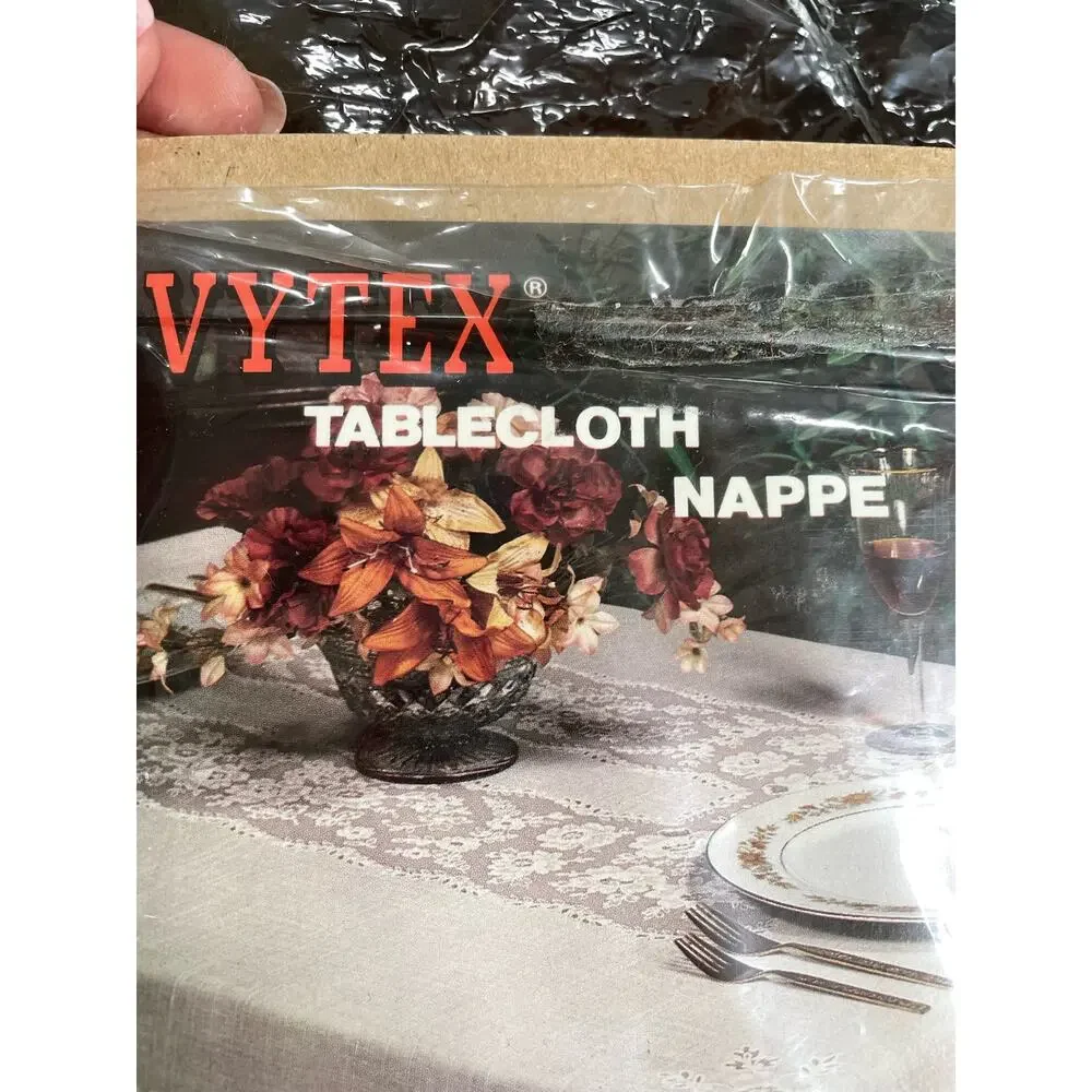 Vintage Vytex Tablecloth 60”x90” Oval Beige Vinyl Lace Melody New Granny Core